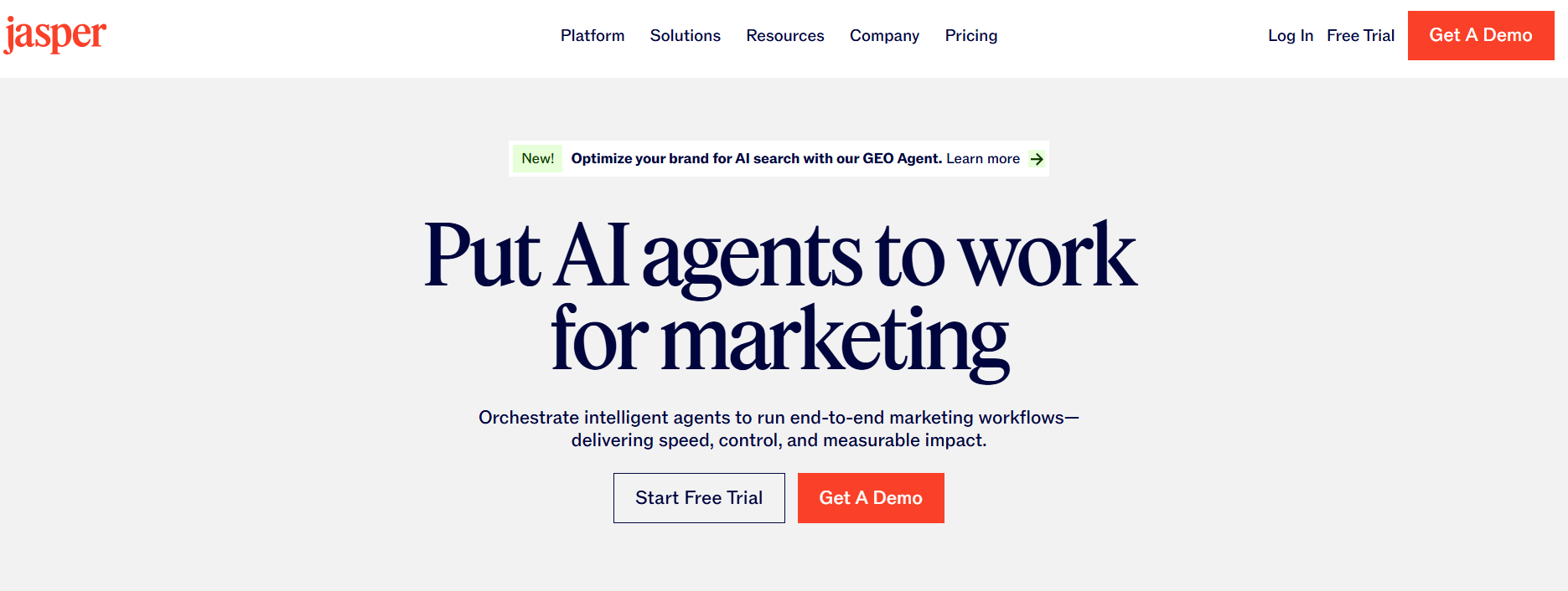 Jasper AI marketing homepage with the headline Put AI agents to work for marketing