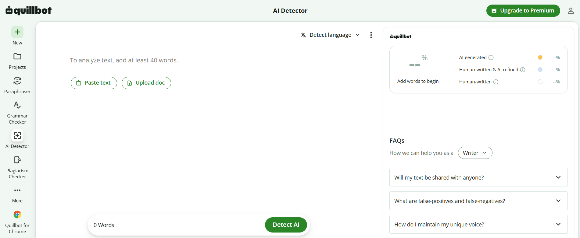 QuillBot AI Detector interface showing the 0 to 100 percent AI-generated, human-written and AI-refined, and human-written likelihood panel