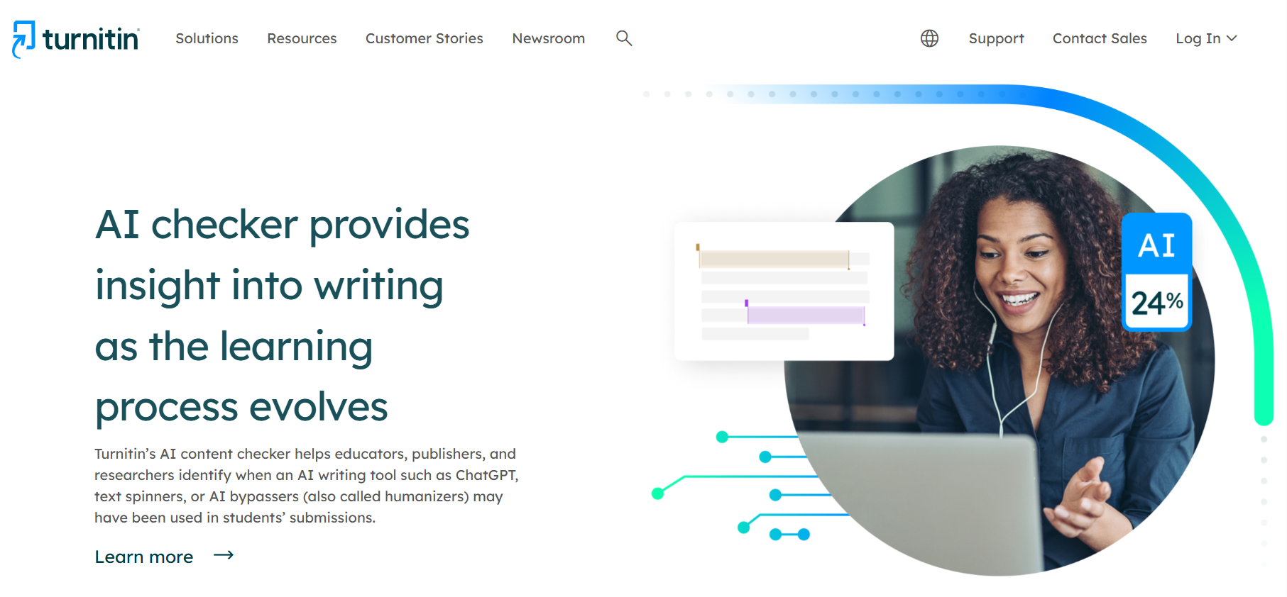 Turnitin AI checker homepage with the headline AI checker provides insight into writing as the learning process evolves and a sample AI 24% report