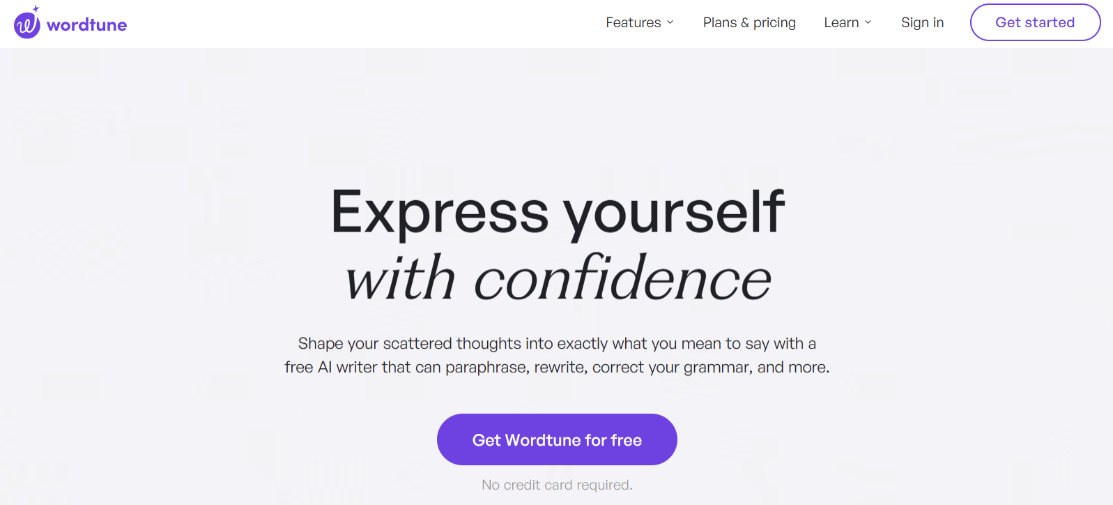 Wordtune homepage with the headline Express yourself with confidence and a Get Wordtune for free button